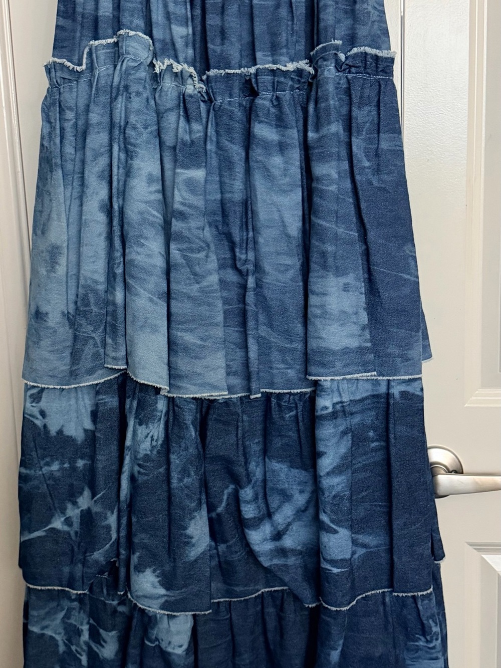 Gorgeous Boutique Tiered Indigo Tie-Dye Denim Maxi Skirt